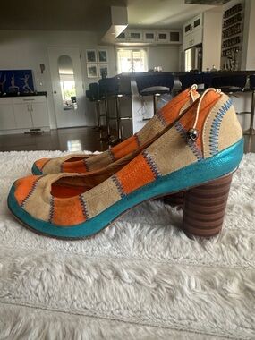 Georgina Goodman Heels (Orange, Tan, and Metallic Blue Leather)